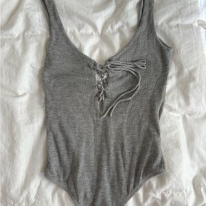 Gray Ribbed Lace-Up Bodysuit